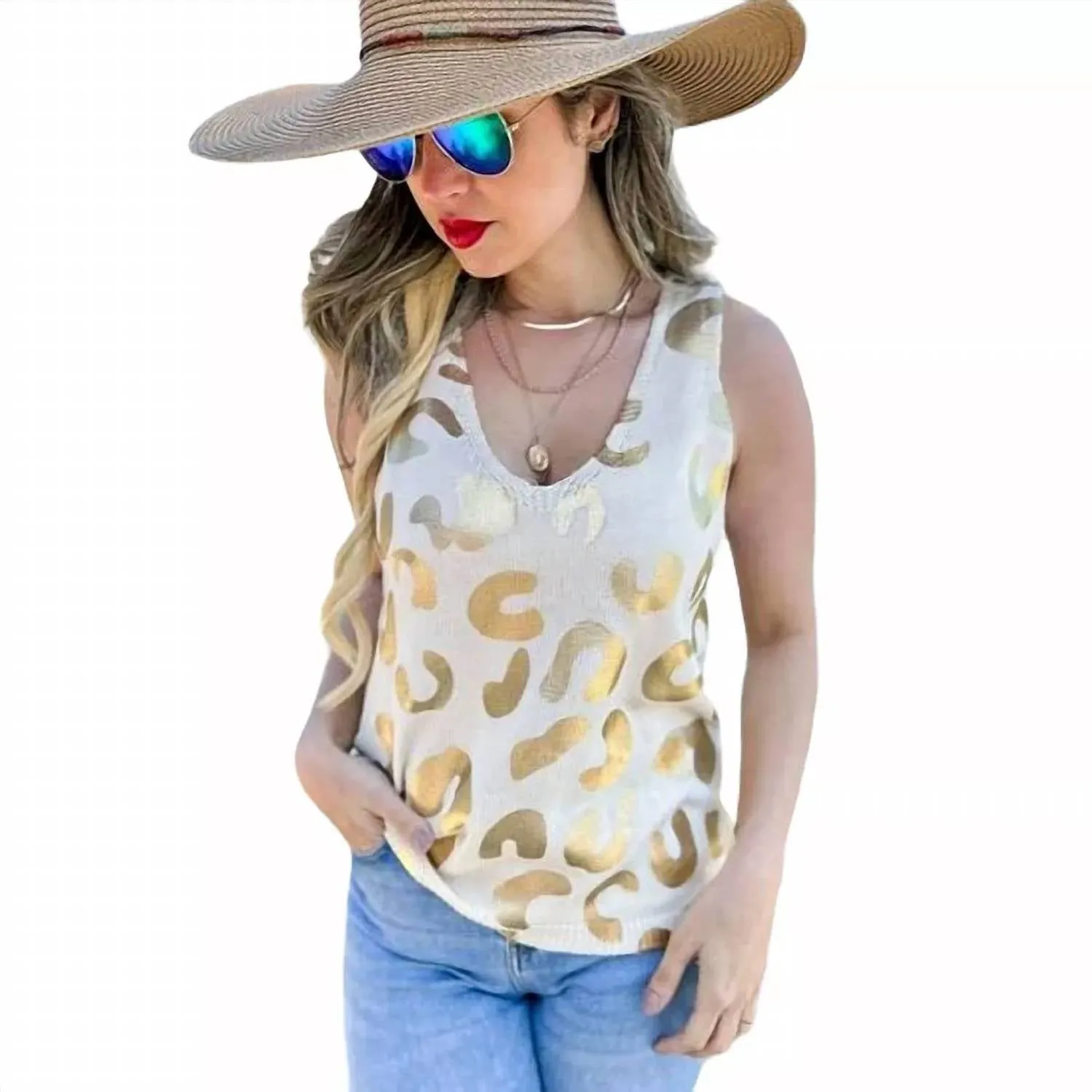 Amoli - Metallic Leopard Print Knit Tank