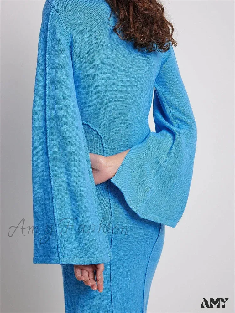 Amy Fashion - Elegant Women Knitted Patchwork  Vintage  Flare Sleeve Round Neck  Slim Fit Solid Party Vestidos