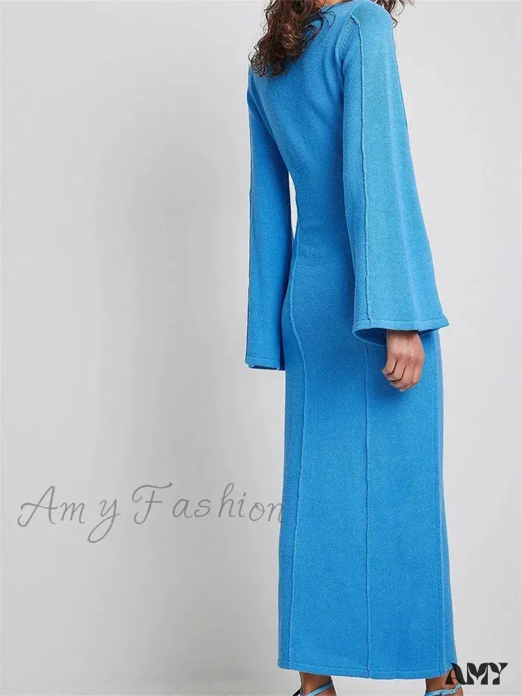 Amy Fashion - Elegant Women Knitted Patchwork  Vintage  Flare Sleeve Round Neck  Slim Fit Solid Party Vestidos