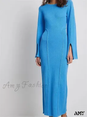 Amy Fashion - Elegant Women Knitted Patchwork  Vintage  Flare Sleeve Round Neck  Slim Fit Solid Party Vestidos
