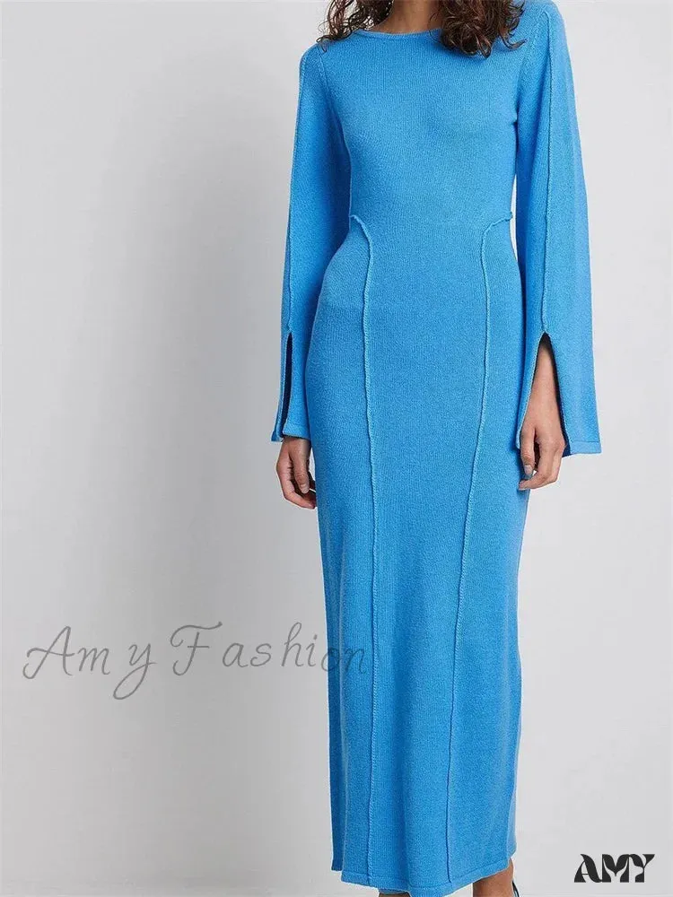 Amy Fashion - Elegant Women Knitted Patchwork  Vintage  Flare Sleeve Round Neck  Slim Fit Solid Party Vestidos