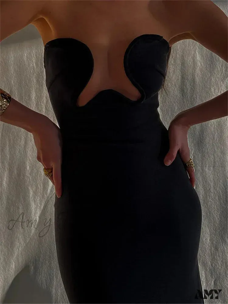 Amy Fashion - Women Elegant Low Cut  Black Solid Sleeveless Satrpless Off Shoulder Push Up High Split  Vestidos Party