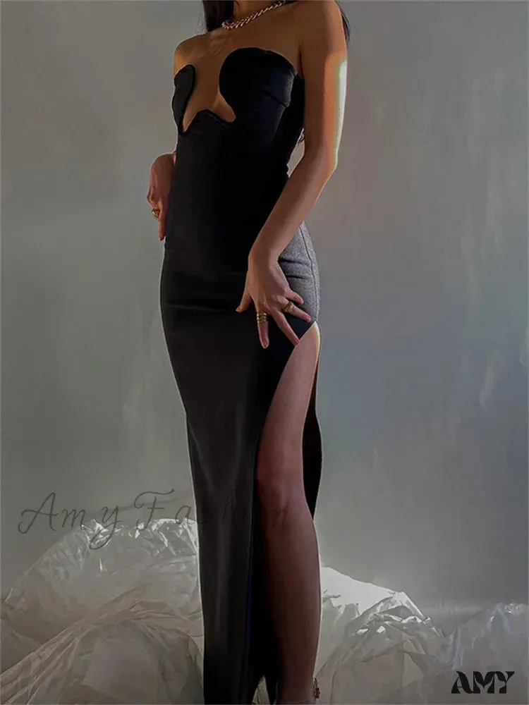 Amy Fashion - Women Elegant Low Cut  Black Solid Sleeveless Satrpless Off Shoulder Push Up High Split  Vestidos Party