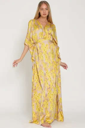 Beige/Golden Yellow Kimono Tie Back Waisted Maxi Dress