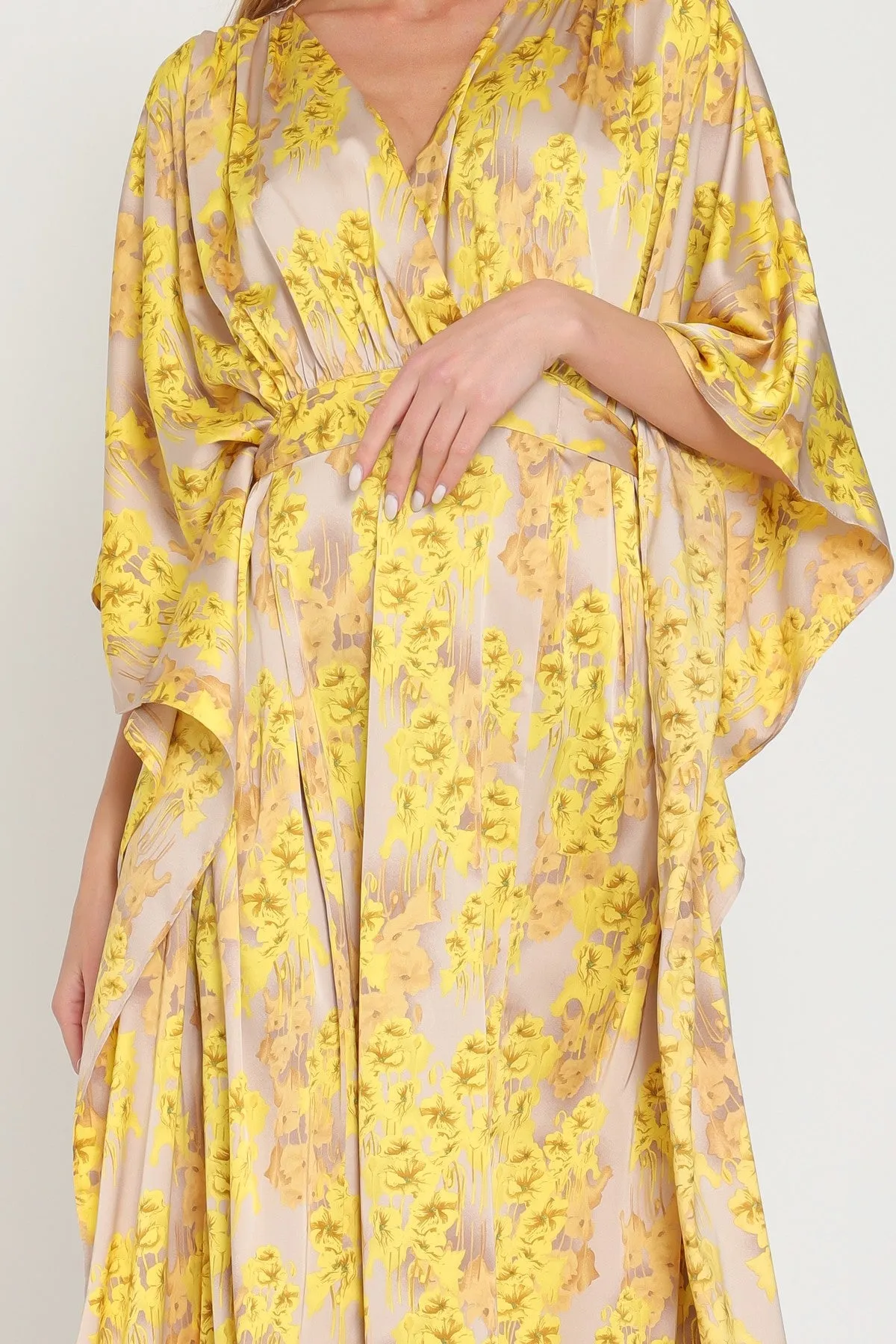 Beige/Golden Yellow Kimono Tie Back Waisted Maxi Dress