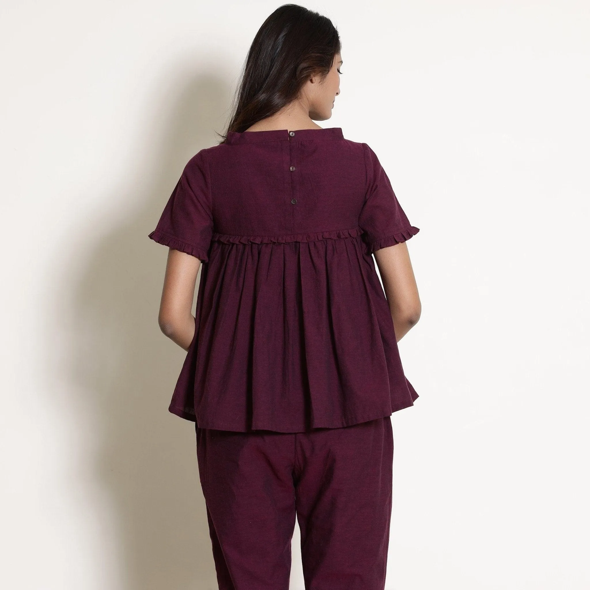 Berry Wine Warm Frilled Top and Cotton Tapered Pant Co-ord Set