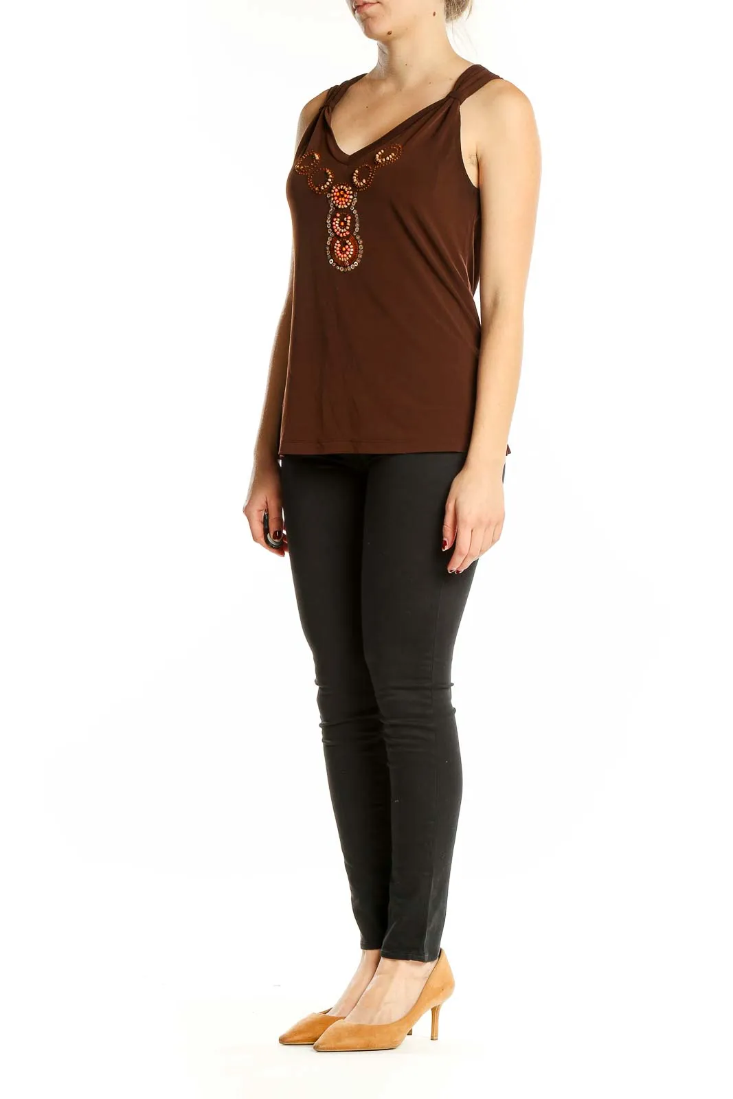 Brown Embellished V-Neck Sleeveless Top