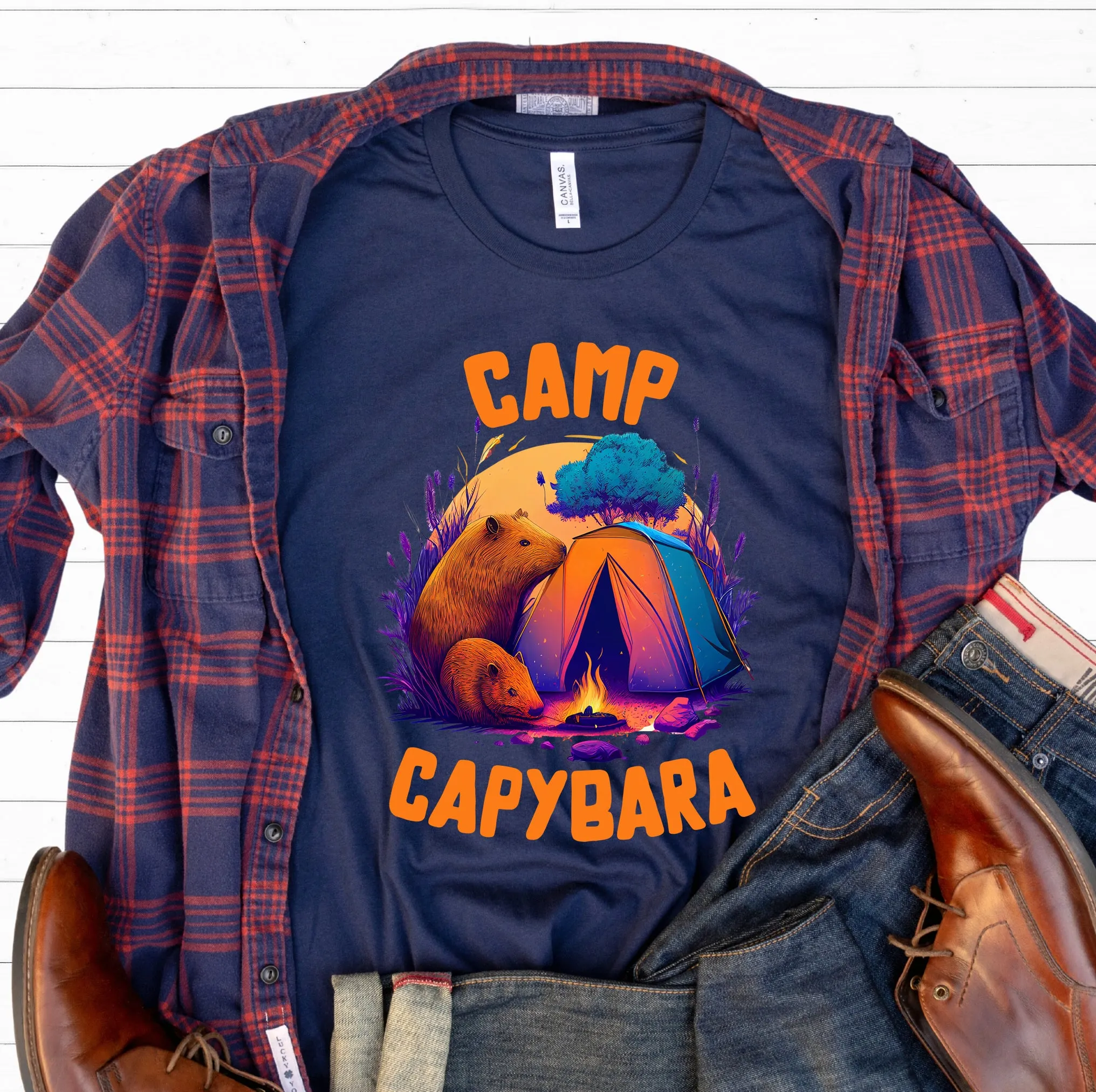 Camp Capybara Shirt | Capybara Lover Gift | Retro Camping Shirt | Funny Capybara Shirt | Unisex Jersey T-shirt