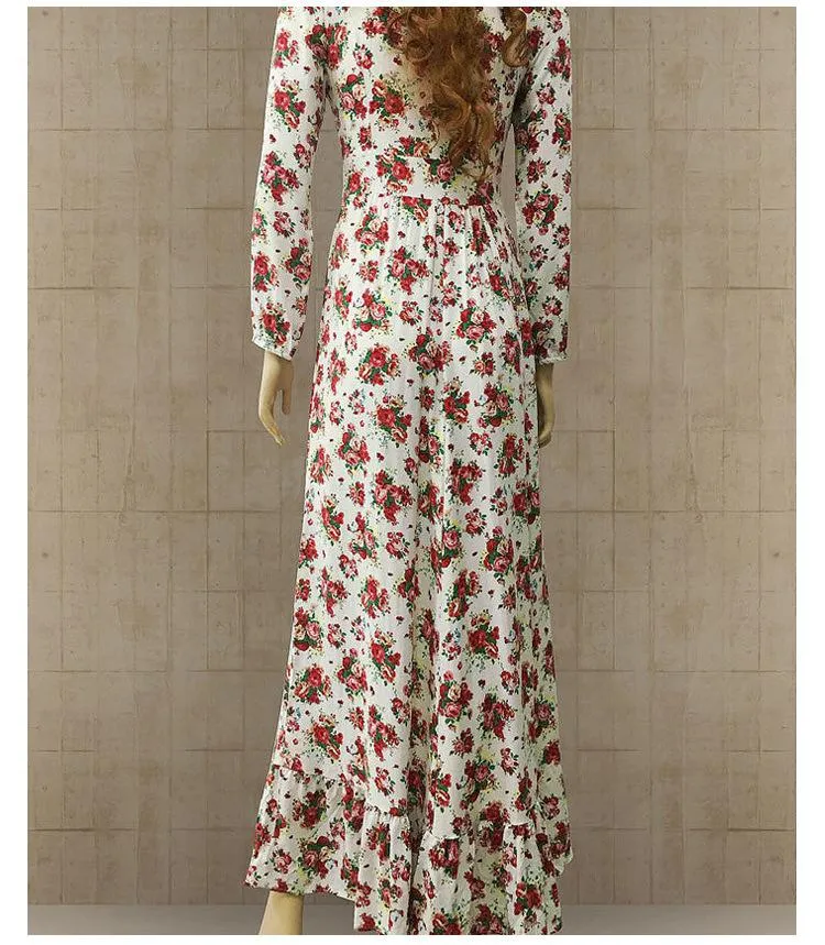 Clearance Bohemian Deep V-neck Floral Print Ruffle Long Beach Dress