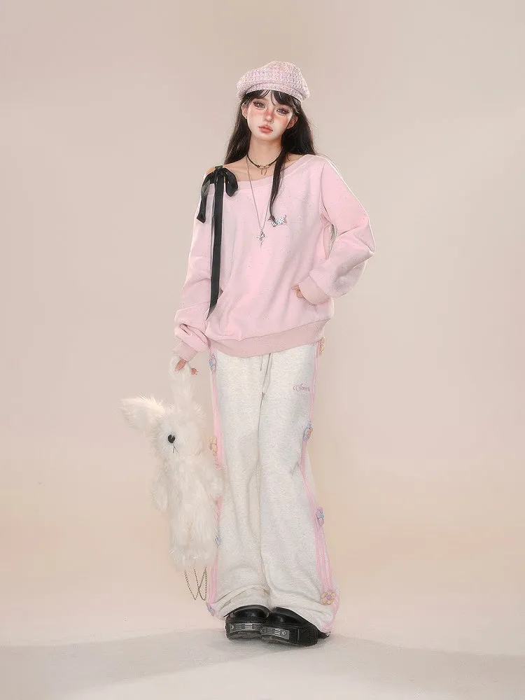 Design Straight-leg Floral Gray/Pink Cut Pants