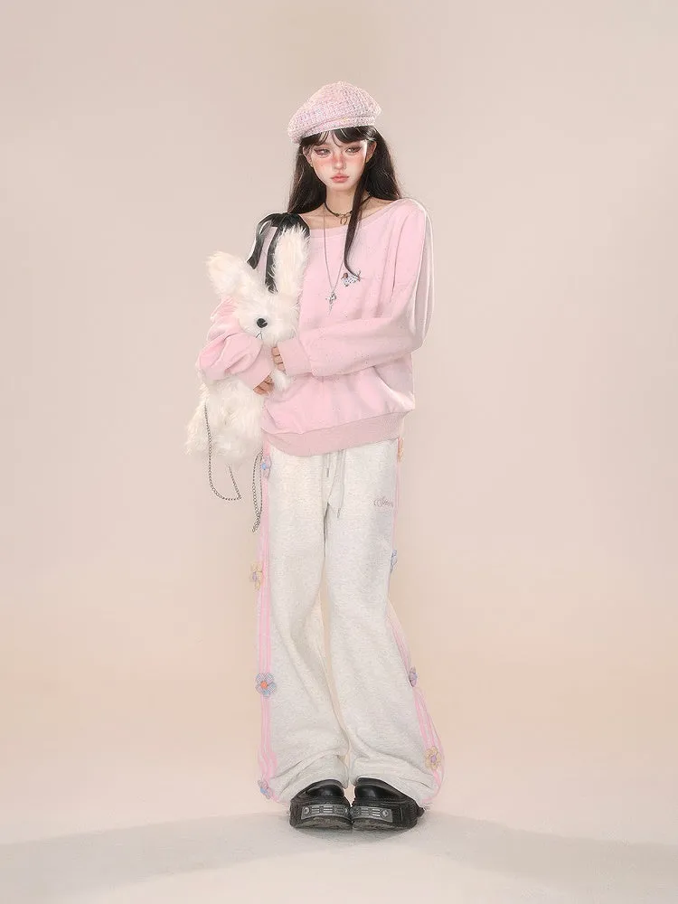 Design Straight-leg Floral Gray/Pink Cut Pants