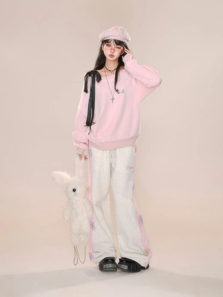 Design Straight-leg Floral Gray/Pink Cut Pants