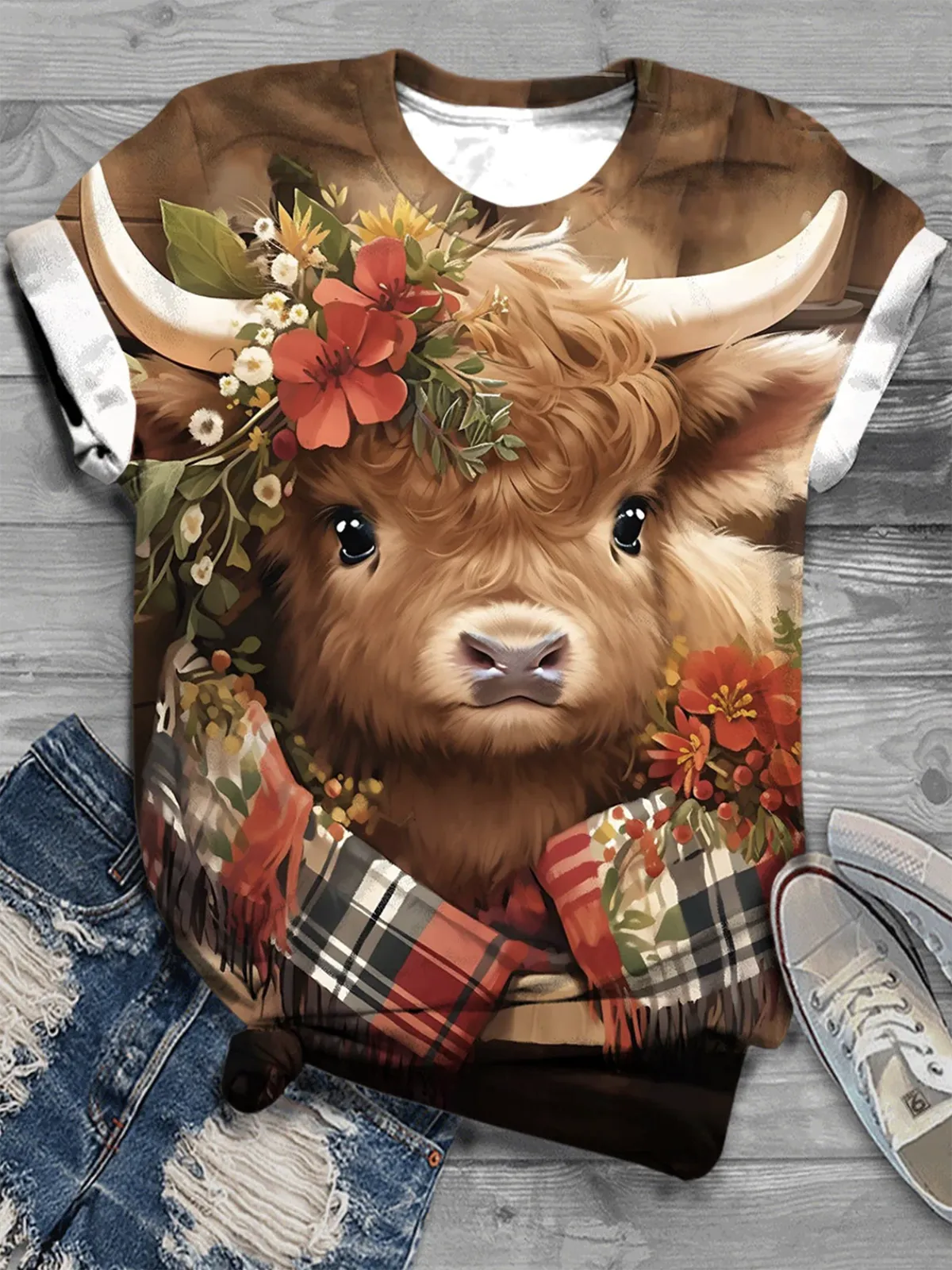 Firelyy Cute Baby Highland Cow Crew Neck T-Shirt