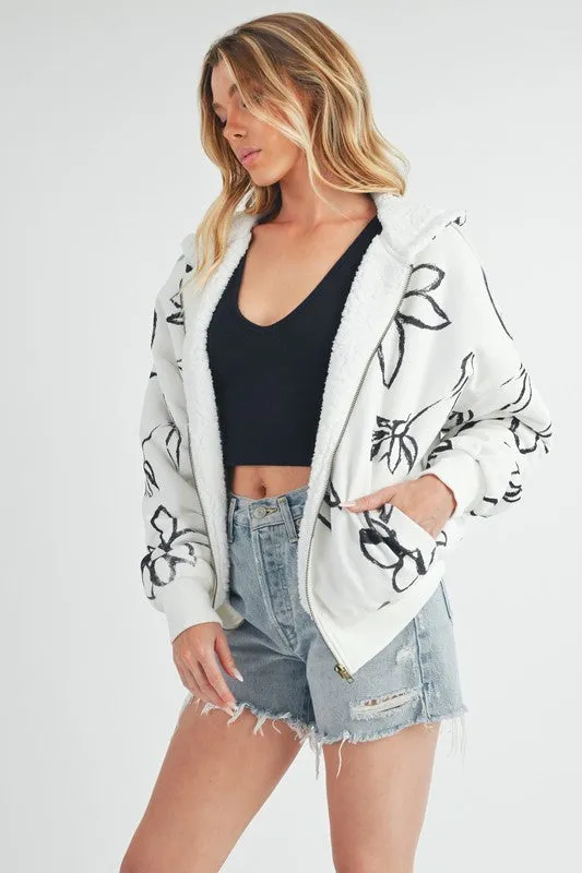 Floral Print Sherpa-Lined Zip-Up Hoodie – Cozy & Stylish Outerwear