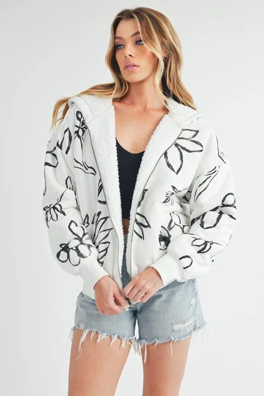 Floral Print Sherpa-Lined Zip-Up Hoodie – Cozy & Stylish Outerwear