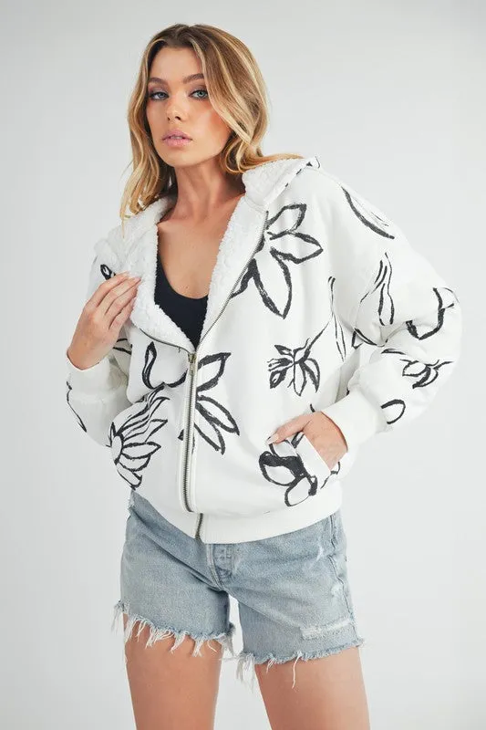 Floral Print Sherpa-Lined Zip-Up Hoodie – Cozy & Stylish Outerwear