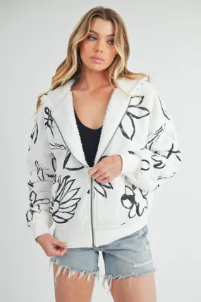 Floral Print Sherpa-Lined Zip-Up Hoodie – Cozy & Stylish Outerwear