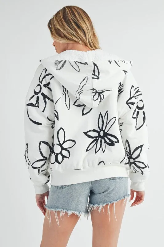 Floral Print Sherpa-Lined Zip-Up Hoodie – Cozy & Stylish Outerwear