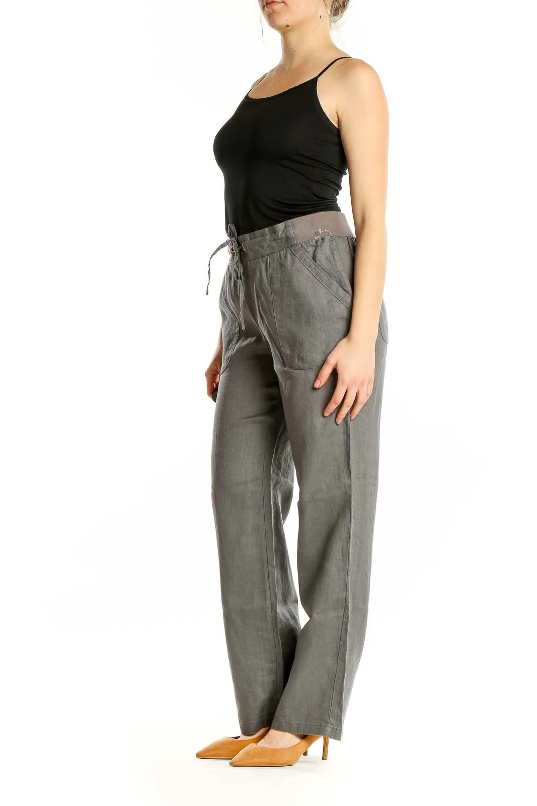 Gray Linen Wide-Leg Drawstring Pants