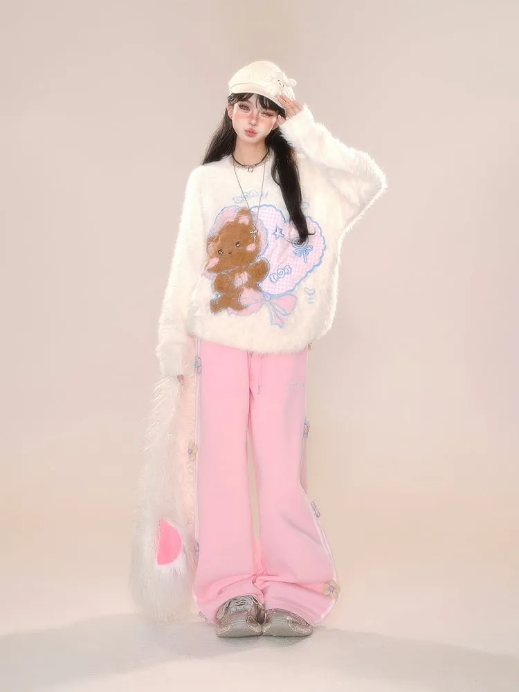 Gray Pink Floral Design Straight-leg Cut Pants