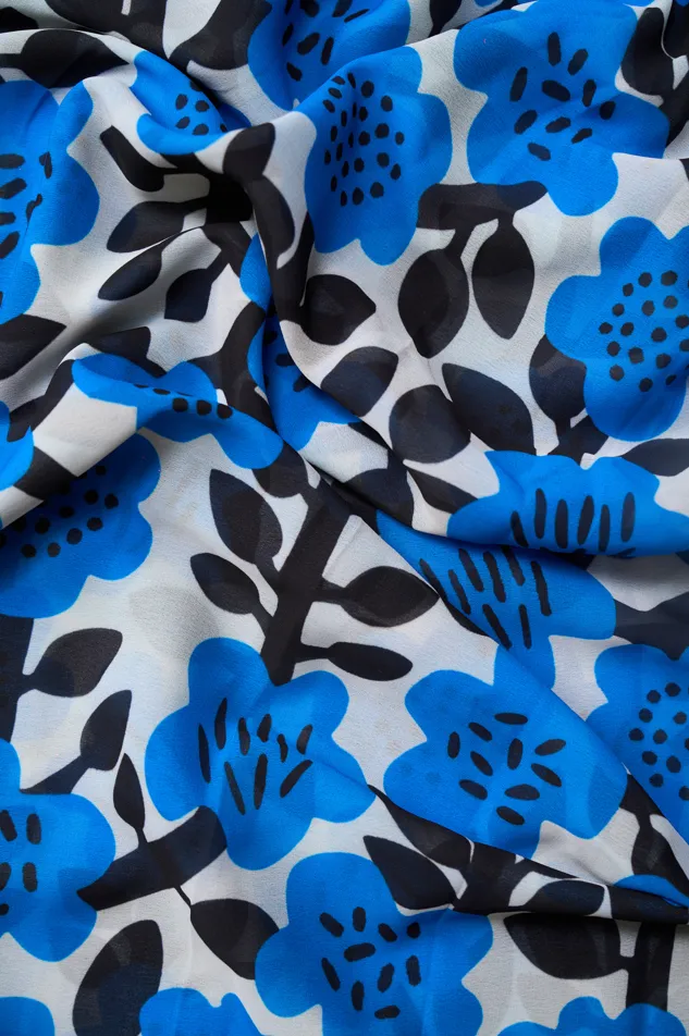 Ivory Modern Blue Floral Pattern Printed Georgette Fabric
