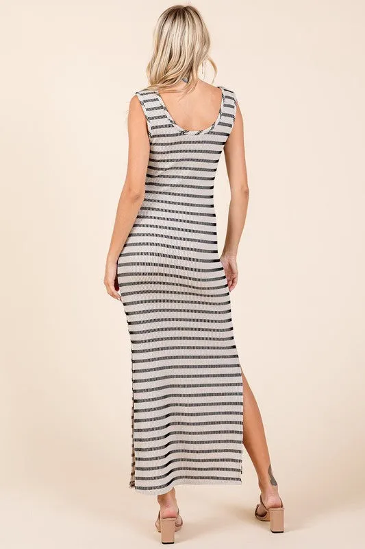 Ivory Striped Knit Scoop Neck Sleeveless Maxi Dress