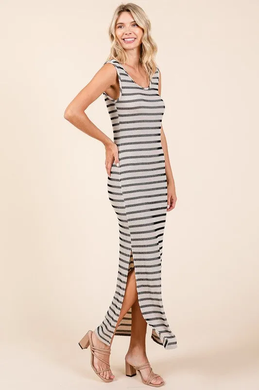 Ivory Striped Knit Scoop Neck Sleeveless Maxi Dress