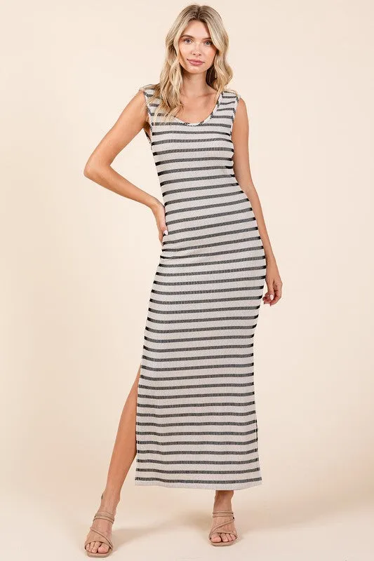 Ivory Striped Knit Scoop Neck Sleeveless Maxi Dress