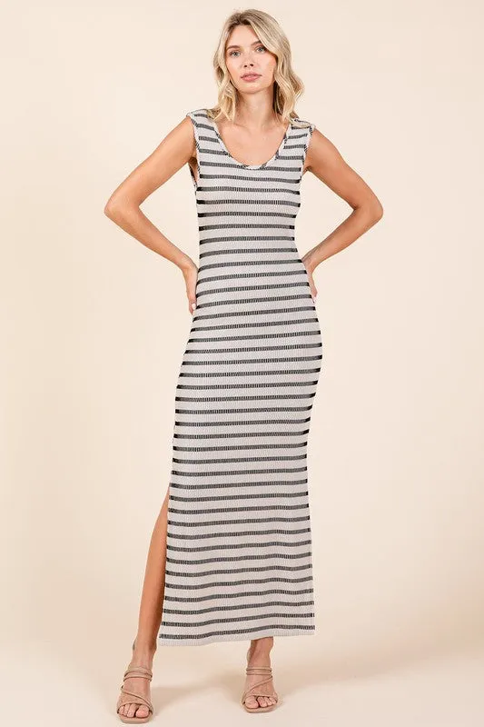 Ivory Striped Knit Scoop Neck Sleeveless Maxi Dress