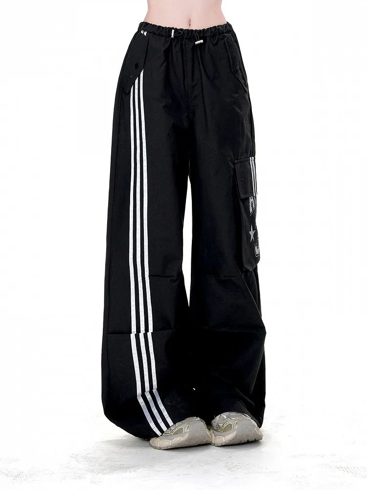 Loose Straight-Leg Pants Pockets Black Drawstring Waist Cargo