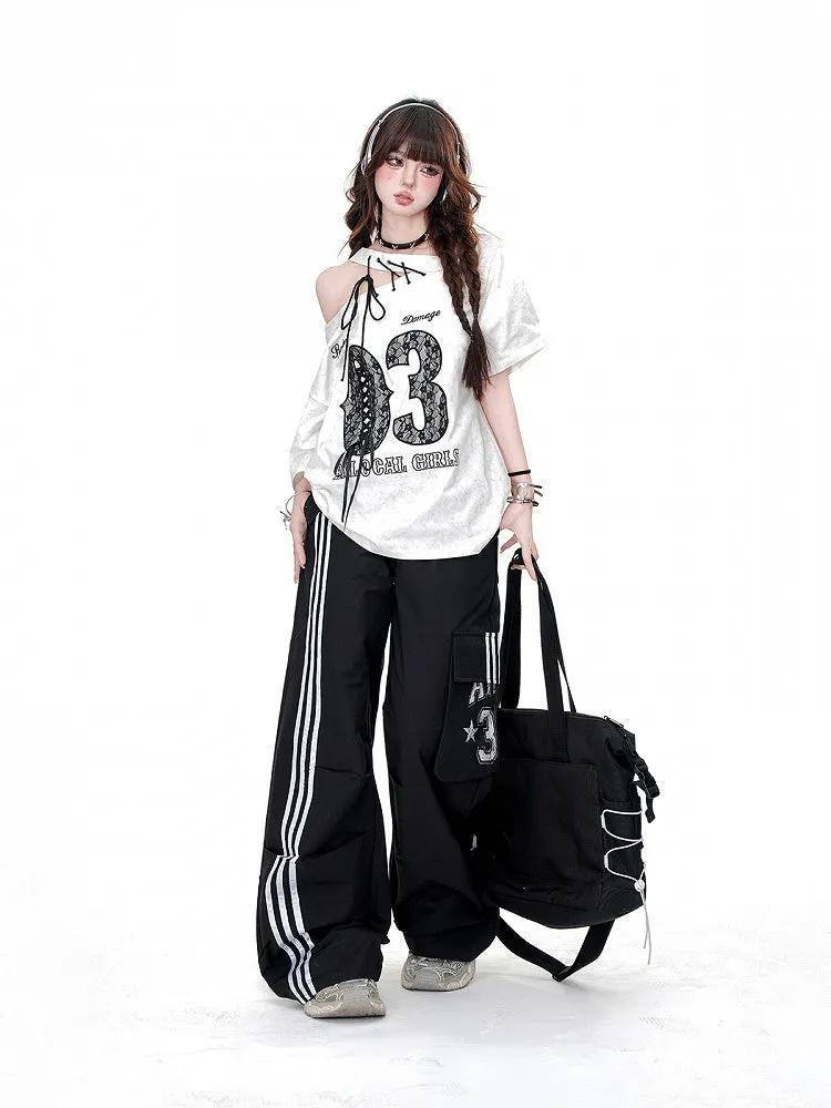 Loose Straight-Leg Pants Pockets Black Drawstring Waist Cargo