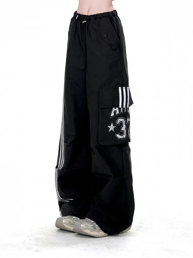 Loose Straight-Leg Pants Pockets Black Drawstring Waist Cargo
