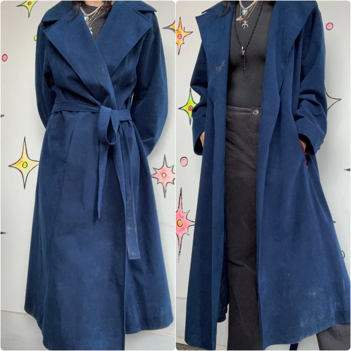 Vintage 70s | Navy Blue Ultra Suede Vegan Leather Belted Trench Coat | Size M L