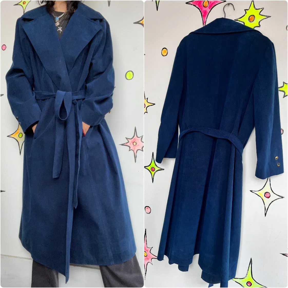 Vintage 70s | Navy Blue Ultra Suede Vegan Leather Belted Trench Coat | Size M L
