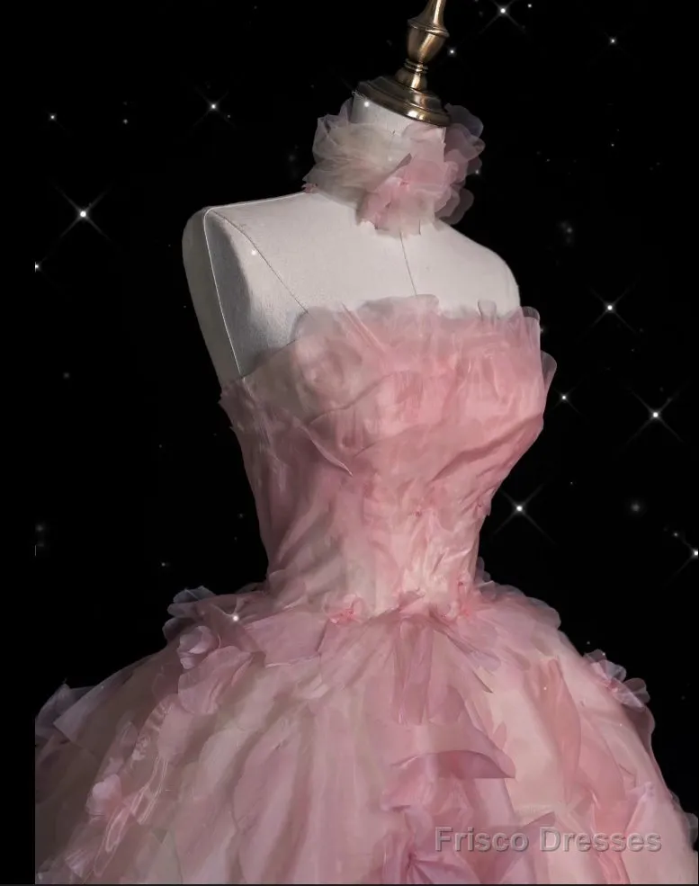 Vintage Fashion Ball Gown Strapless Pink Floral Floor Length Evening Dress Prom Dresses