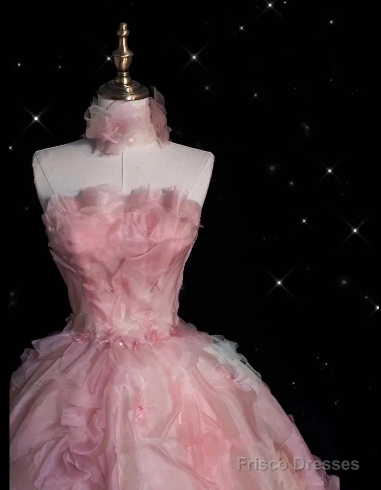 Vintage Fashion Ball Gown Strapless Pink Floral Floor Length Evening Dress Prom Dresses