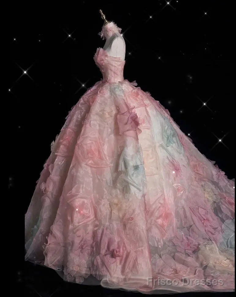 Vintage Fashion Ball Gown Strapless Pink Floral Floor Length Evening Dress Prom Dresses