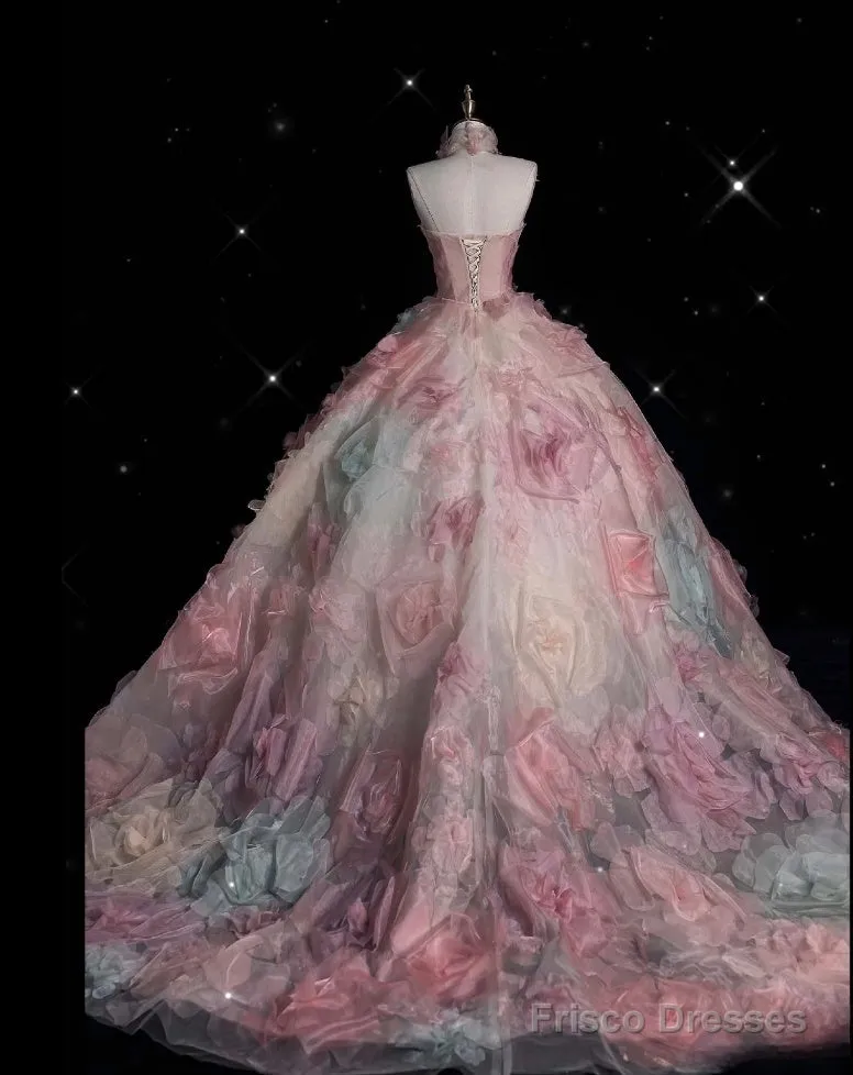 Vintage Fashion Ball Gown Strapless Pink Floral Floor Length Evening Dress Prom Dresses