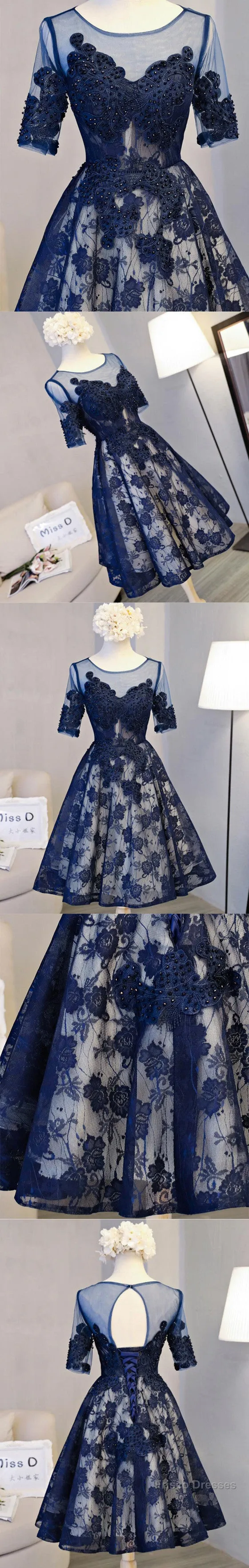 Vintage Half Sleeve Appliques Floral Prints Clairvoyant Outfit Lace Lace Up Back Tea-Length Homecoming Dress