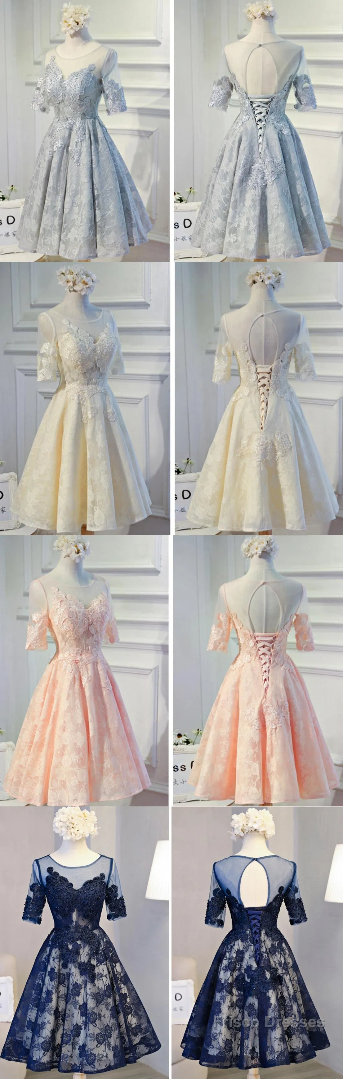 Vintage Half Sleeve Appliques Floral Prints Clairvoyant Outfit Lace Lace Up Back Tea-Length Homecoming Dress