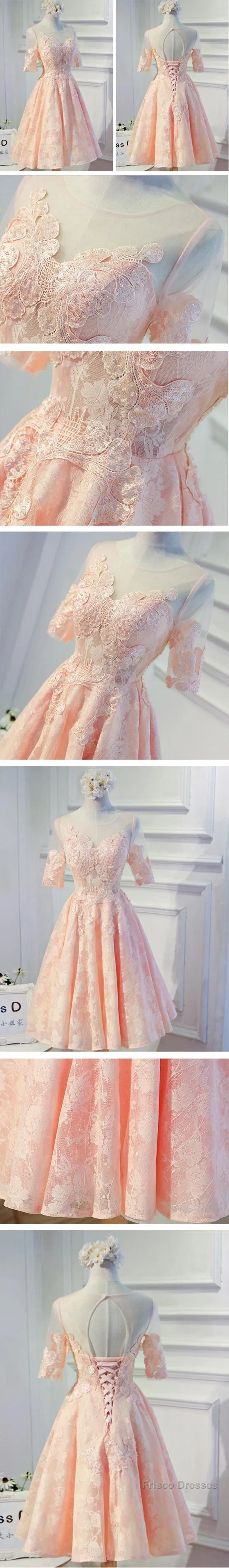 Vintage Half Sleeve Appliques Floral Prints Clairvoyant Outfit Lace Lace Up Back Tea-Length Homecoming Dress
