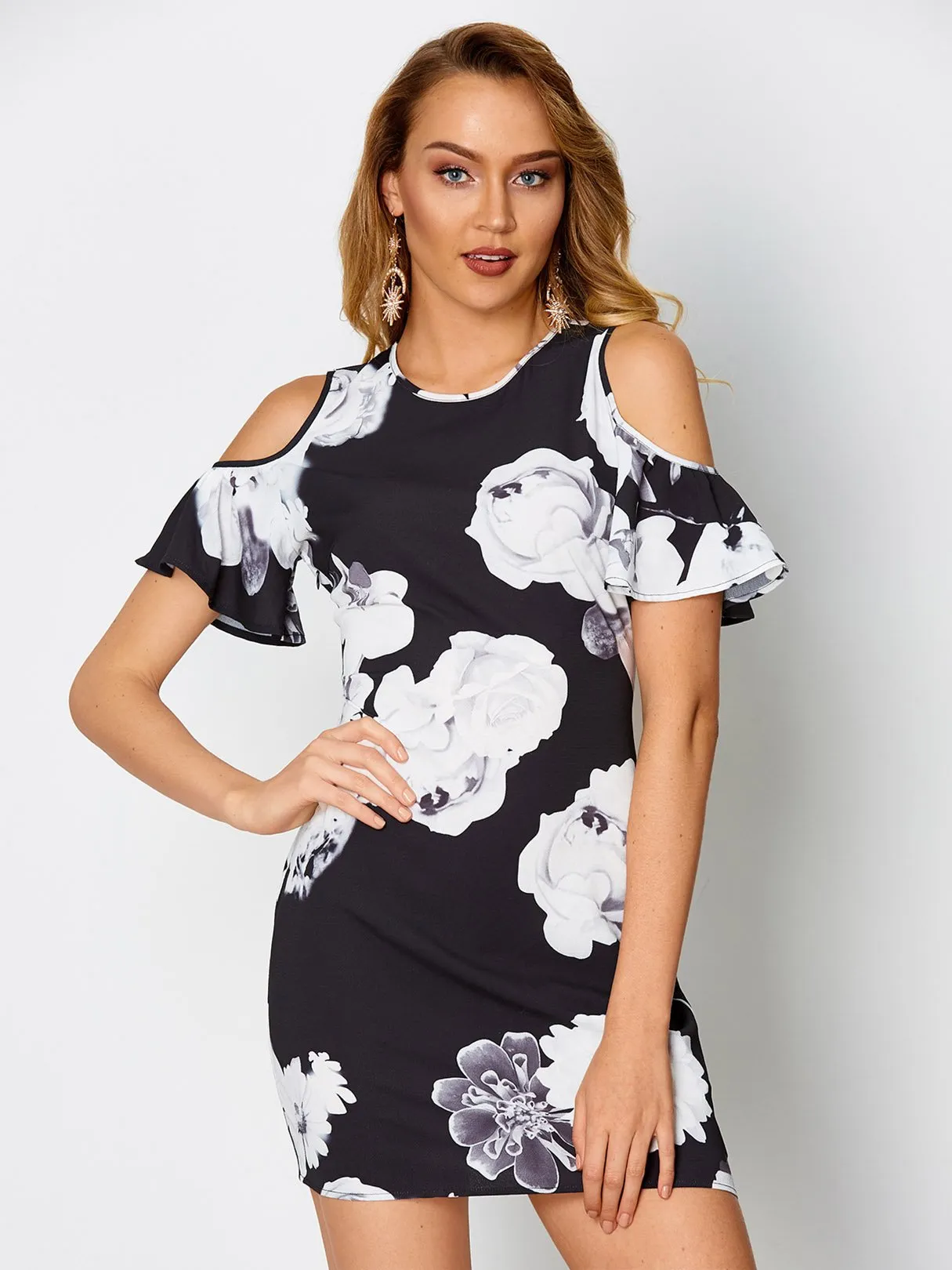 Wholesale Black Cold Shoulder Short Sleeve Floral Print Dresses