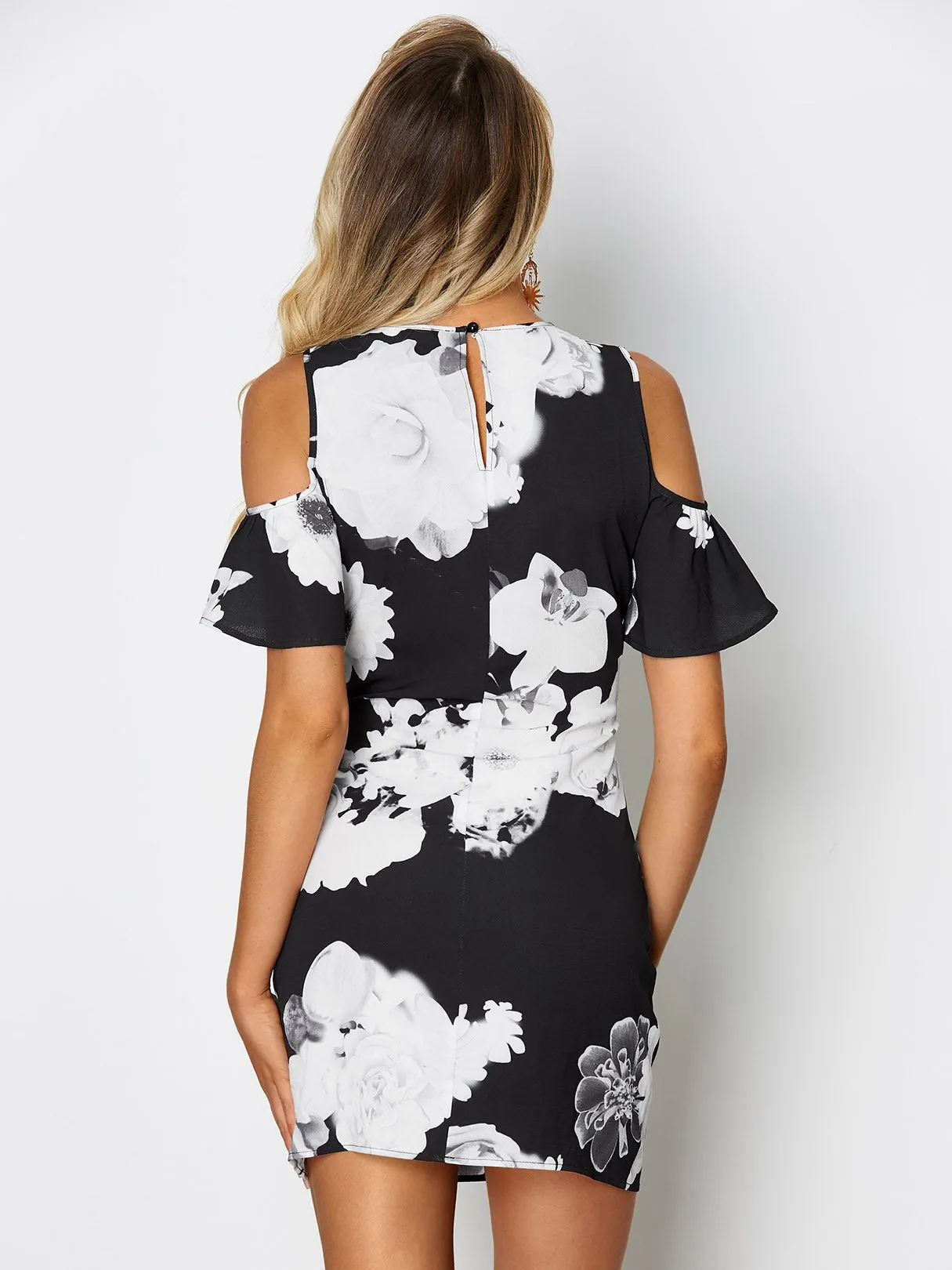 Wholesale Black Cold Shoulder Short Sleeve Floral Print Dresses