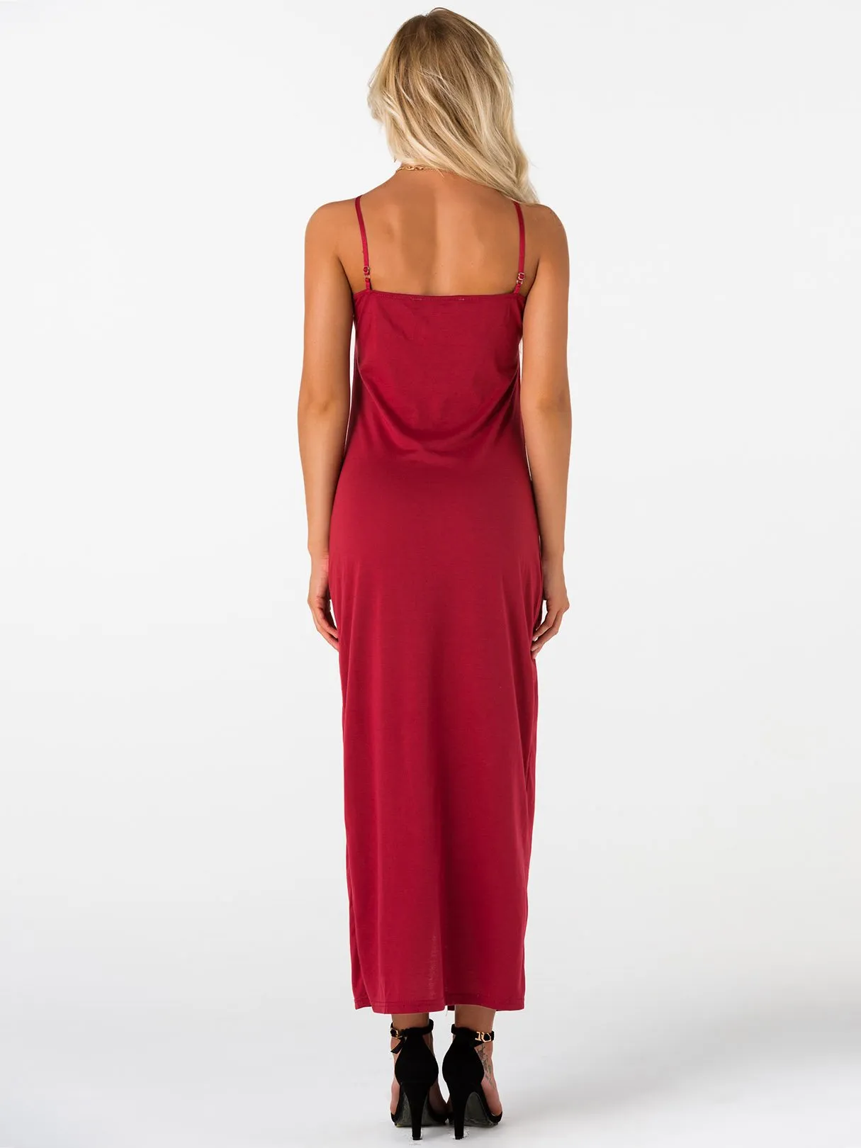 Wholesale Burgundy V-Neck Sleeveless Plain Spaghetti Strap Slit Hem Maxi Dresses