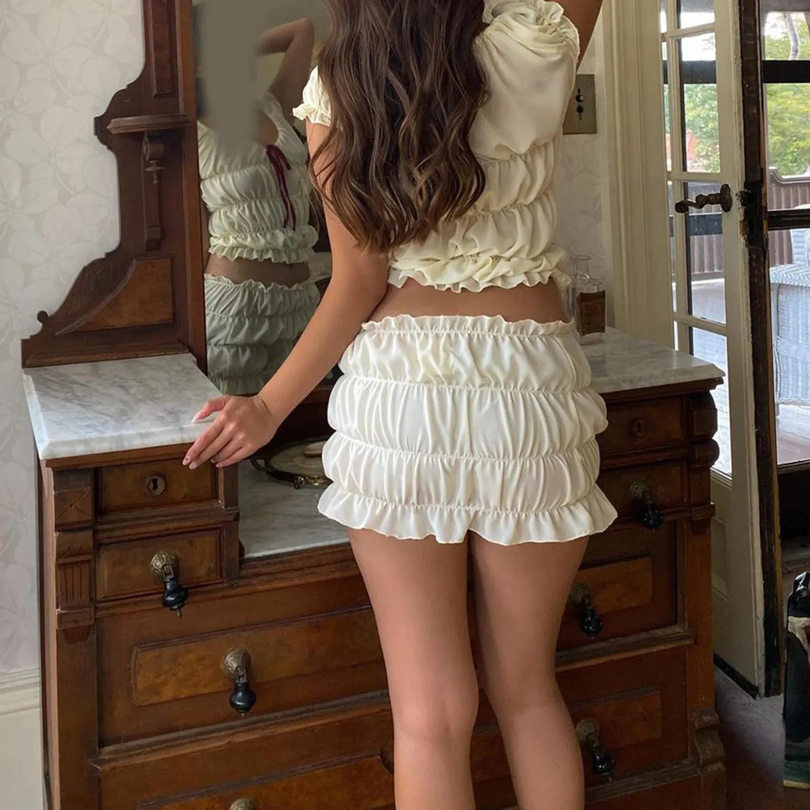 Women Retro Two Piece Set V Neck Kawaii