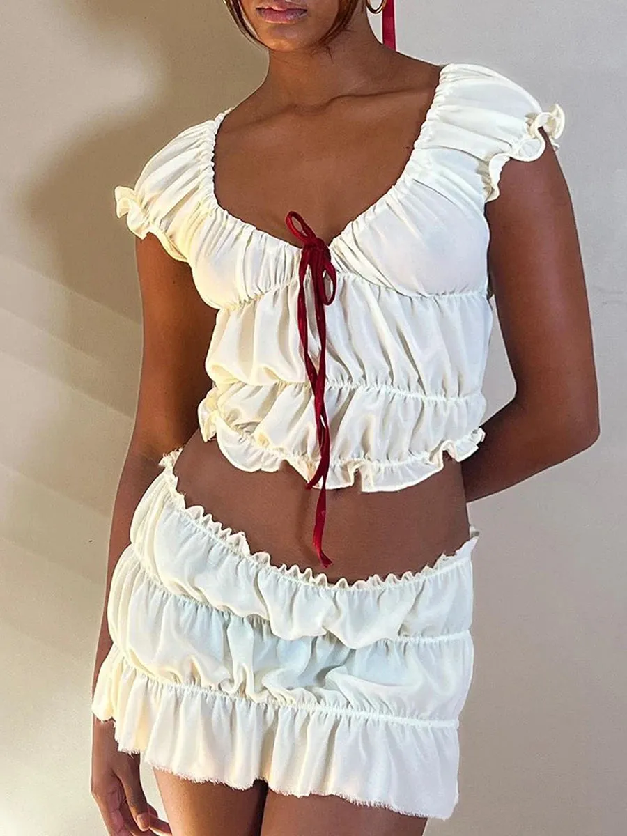 Women Retro Two Piece Set V Neck Kawaii