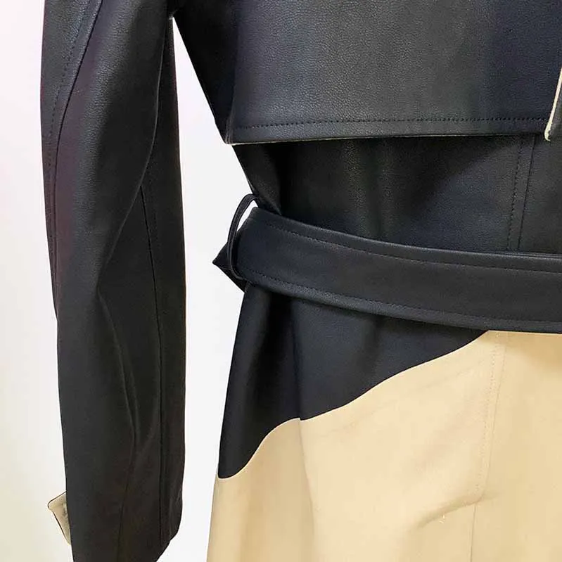 Women's Khaki & Black Trench Coats Double Breasted Outwear Coat With Belt